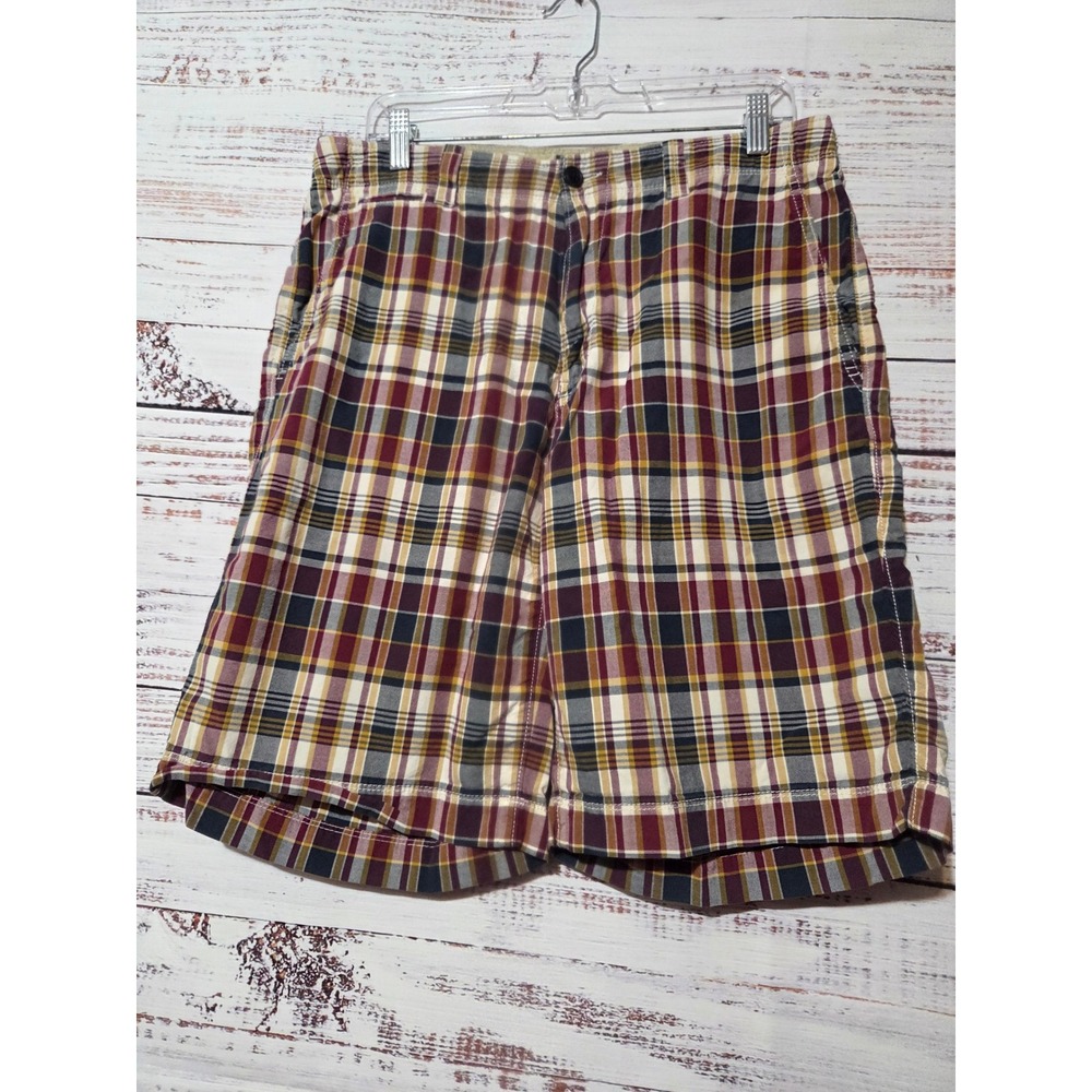 Gap Mens Plaid Shorts Size 32 Burgundy Yellow Navy Cotton Flat Front Casual
